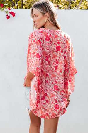 Pink Boho Floral V Neck Kimono Style Blouse-6