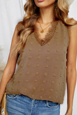 Brown Swiss Dot Lace Stitching V Neck Tank Top-4