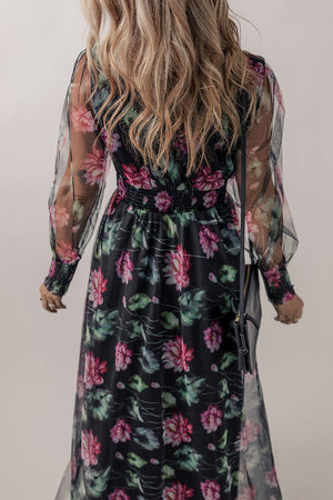 Black Mesh Sheer Shirred High Waist Floral Maxi Dress-1
