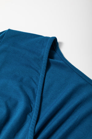 Peacock Blue Short Sleeve Shirred High Waist V Neck Maxi Dress-4