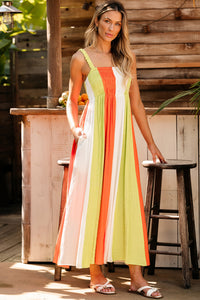 Green Color Block Shirred High Waist Fit and Flare Maxi Dress-0