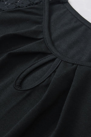 Black Contrast Lace Sleeve Keyhole Decor Top-12