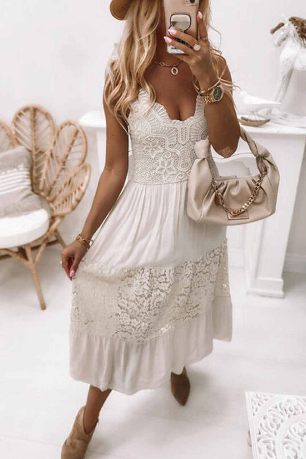 White Lace Crochet Patchwork Sleeveless Long Dress-1