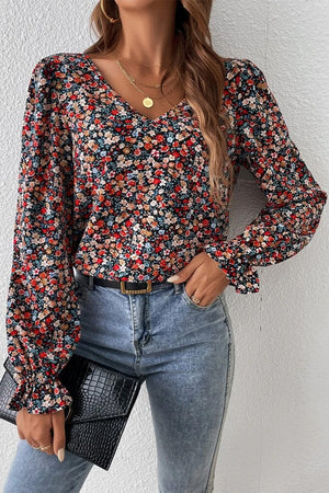 Red V Cut Lace Patch Tie-up Ruffled Puff Sleeve Floral Blouse-11