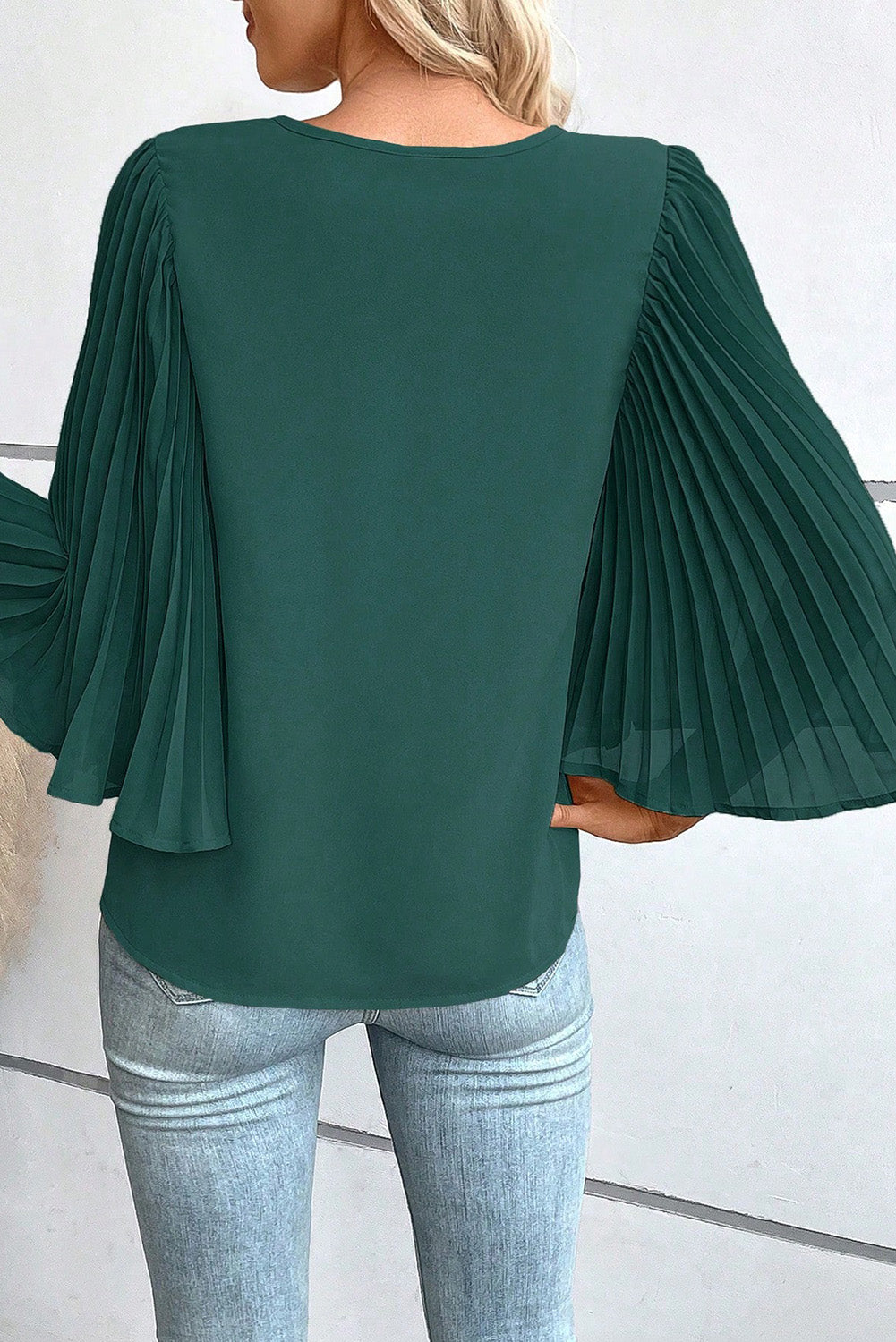 Blackish Green 3/4 Pleated Bell Sleeve V Neck Blouse-1