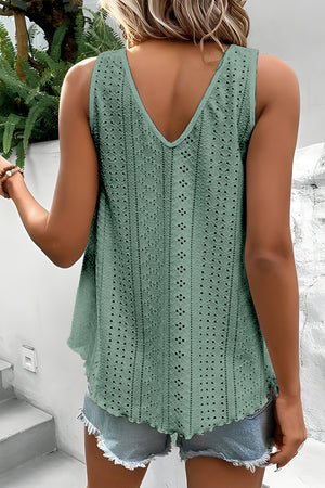 Mist Green Lace Crochet Splicing V Neck Loose Fit Tank Top-1