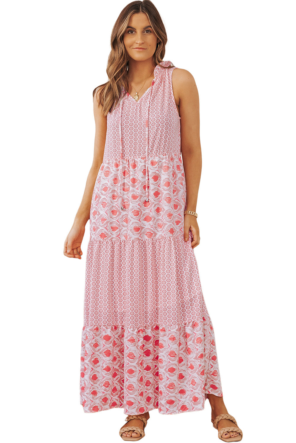 Pink Abstract Print Split Neck Sleeveless Maxi Dress-23