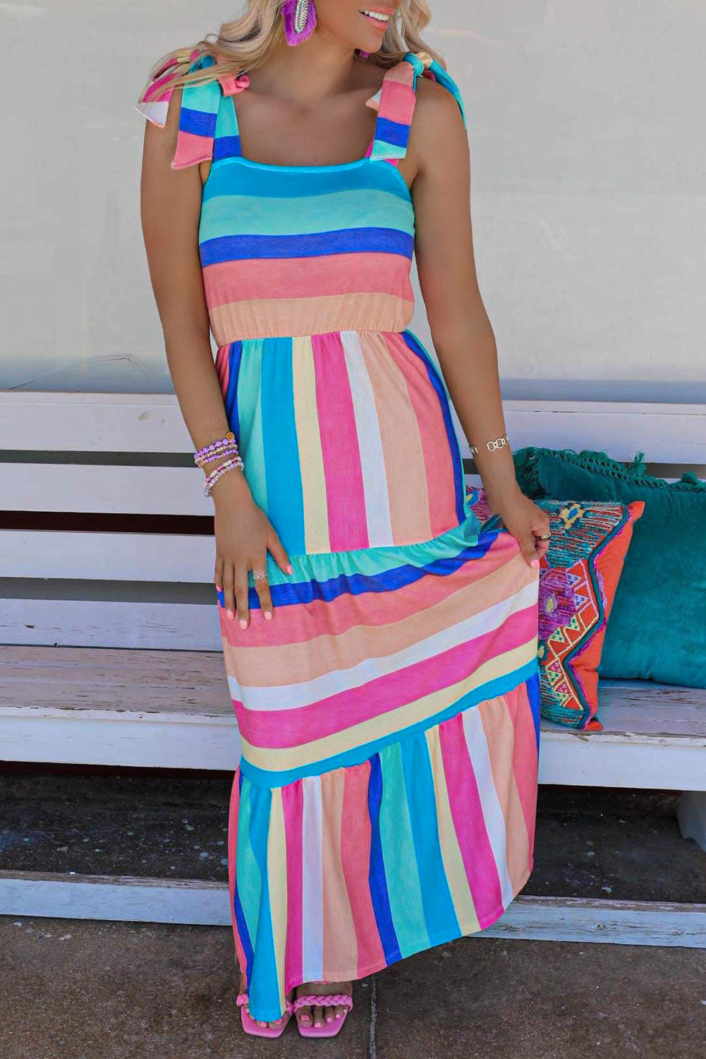 Multicolor Color Block Striped Bow Knot Straps Maxi Dress-0
