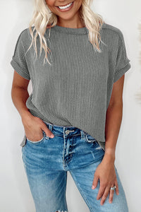 Medium Grey Textured Knit Exposed Stitching T-shirt-0