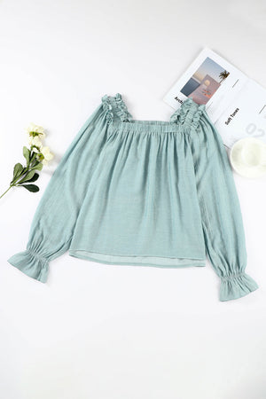 Green Ruffled Square Neck Cuffs Long Sleeve Blouse-11