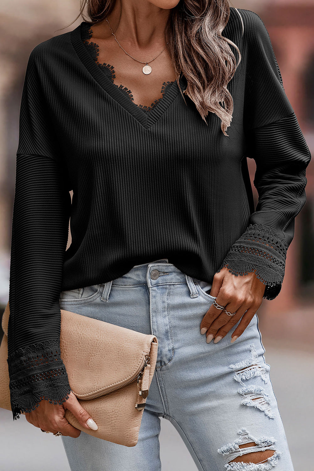 Black Ribbed Texture Lace Trim V Neck Long Sleeve Top-3
