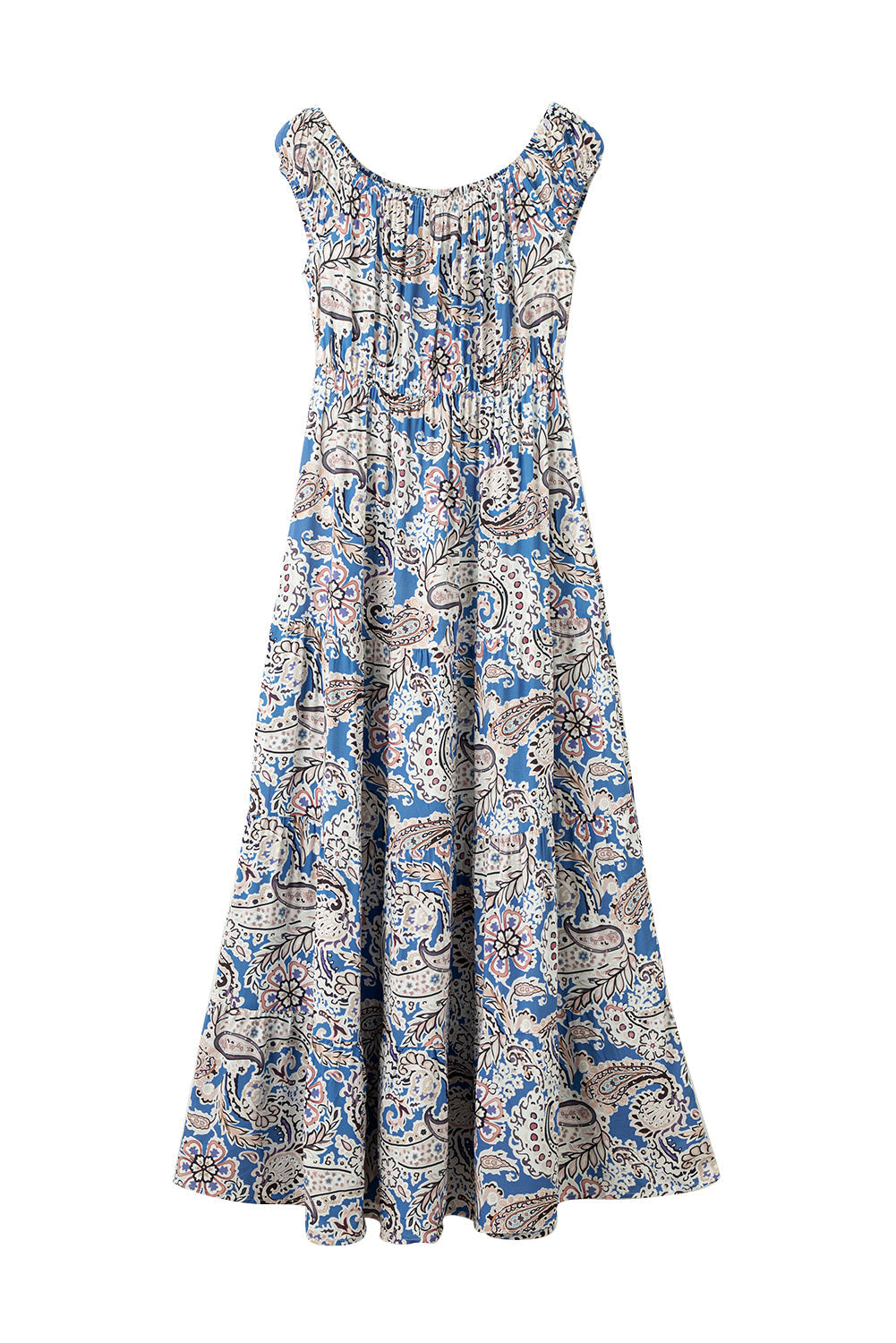 Blue Boho Paisley Print Off Shoulder Maxi Dress-19