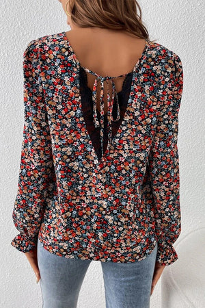 Red V Cut Lace Patch Tie-up Ruffled Puff Sleeve Floral Blouse-8