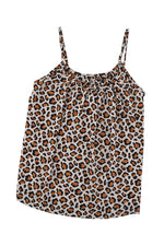 Khaki Leopard Print Spaghetti Strap Pleated Flowing Tank Top-19