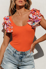 Orange Ribbed Knit Tiered Ruffled Sleeve Bodysuit-11