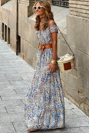 Blue Boho Paisley Print Off Shoulder Maxi Dress-1