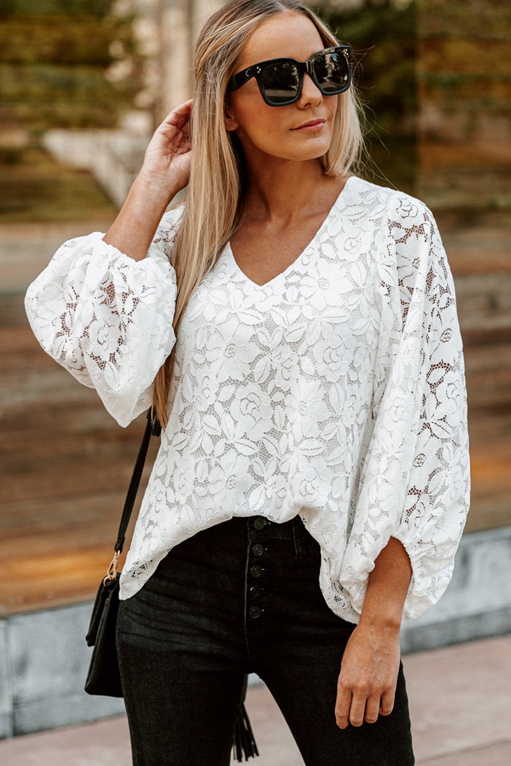 White Floral Lace Crochet Loose Fit V Neck Top-7