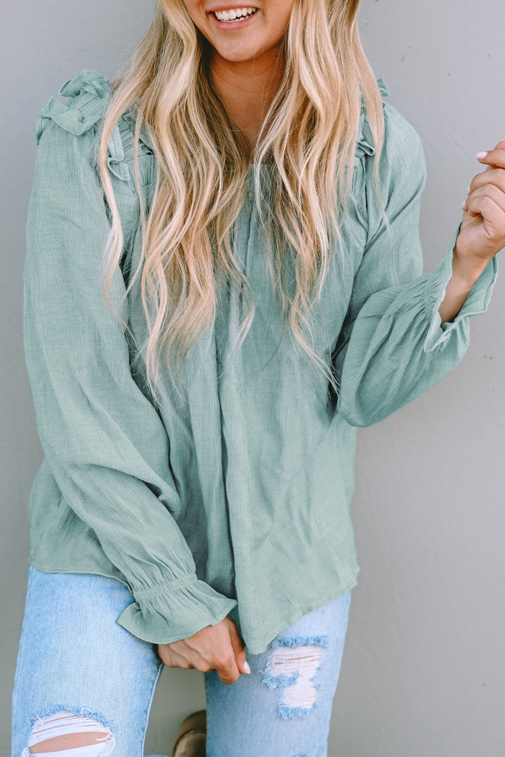Green Ruffled Square Neck Cuffs Long Sleeve Blouse-6