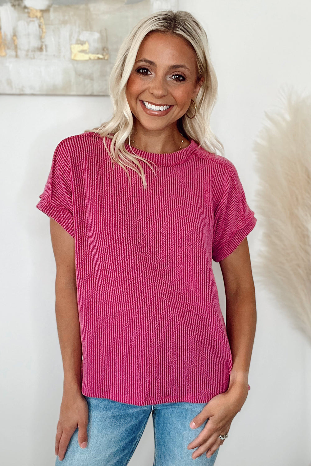 Rose Red Textured Knit Exposed Stitching T-shirt-8