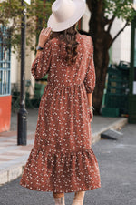 Chestnut Floral Print 3/4 Sleeve Ruffle Hem Midi Dress-4