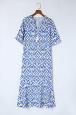 Sky Blue V Neck Casual Geometric Print Maxi Dress-9