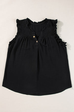 Black Button Split Neck Ruffled Trim Tank Top-4