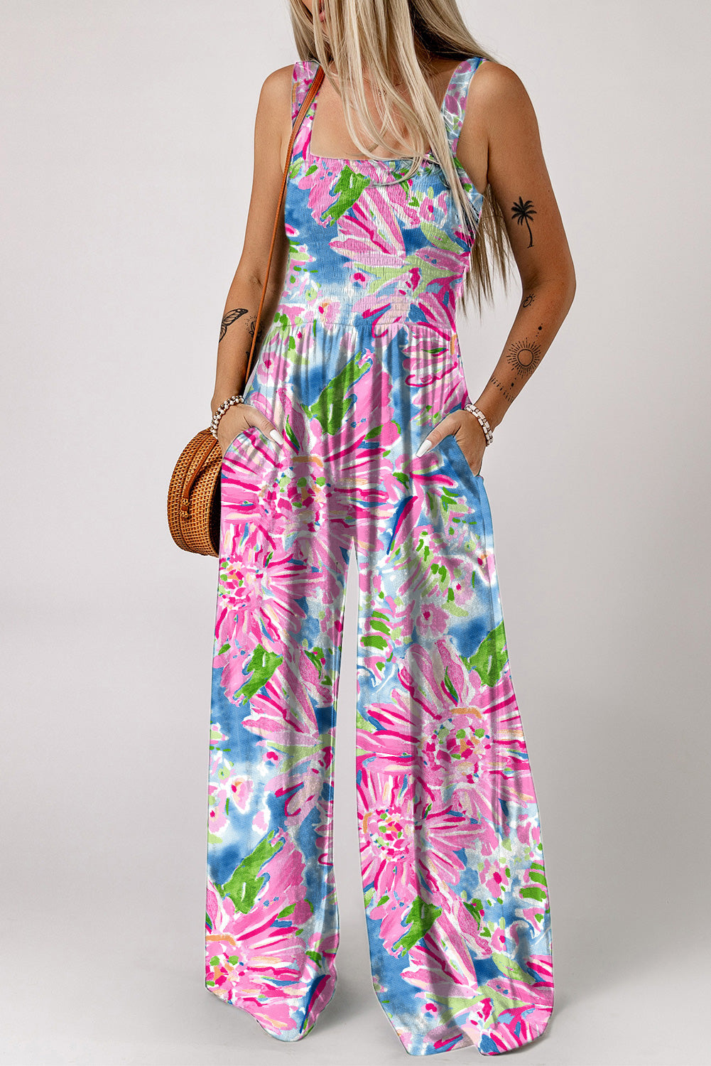 Pink Abstract Floral Painting Smocked Wide Leg Jumpsuit-0