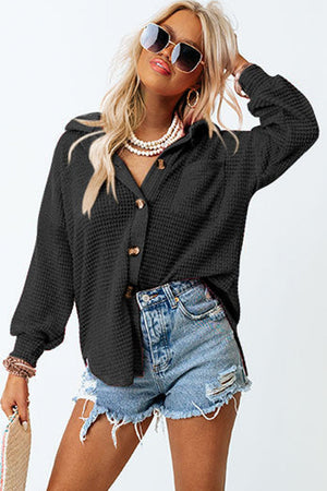 Black Waffle Knit Button Up Casual Shirt-2