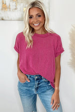 Rose Red Textured Knit Exposed Stitching T-shirt-10