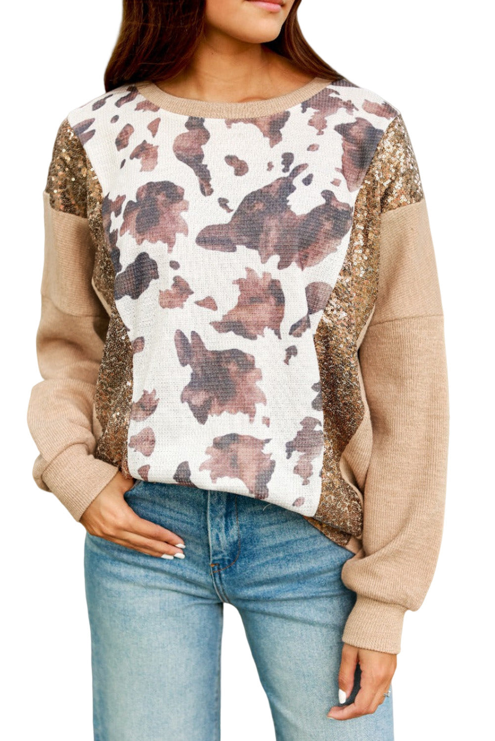Smoke Gray Abstract Print Sequin Patch Pullover Top-4