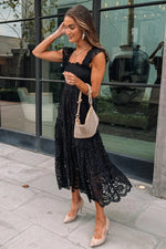 Black Lace Smocked Bodice Sleeveless Midi Dress-1