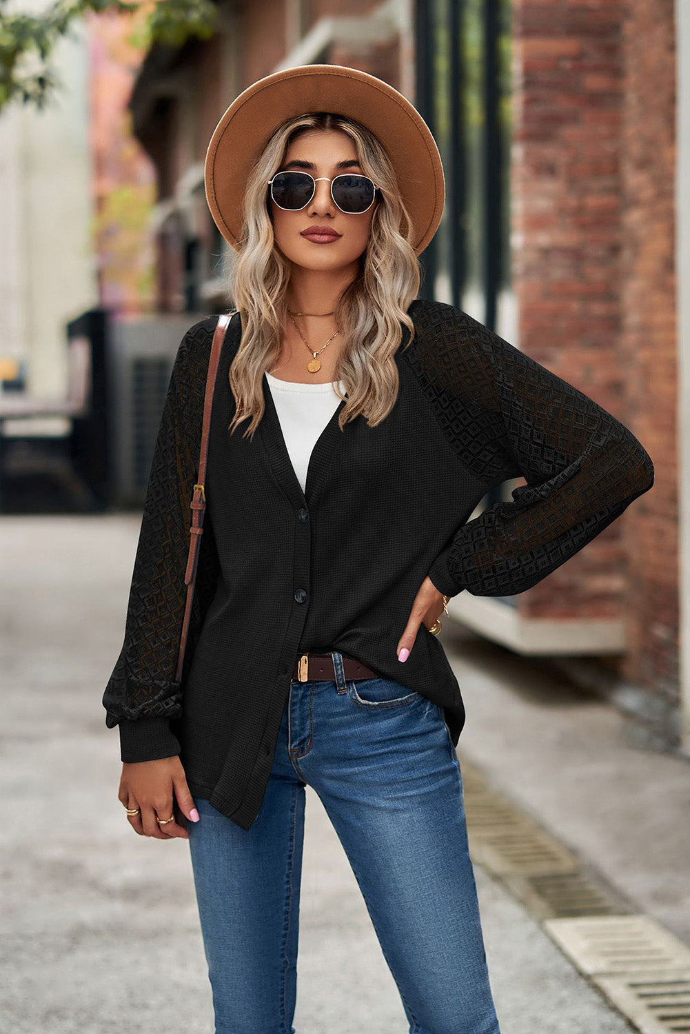 Black Waffled Knit Lace Long Sleeve Buttoned Cardigan-2