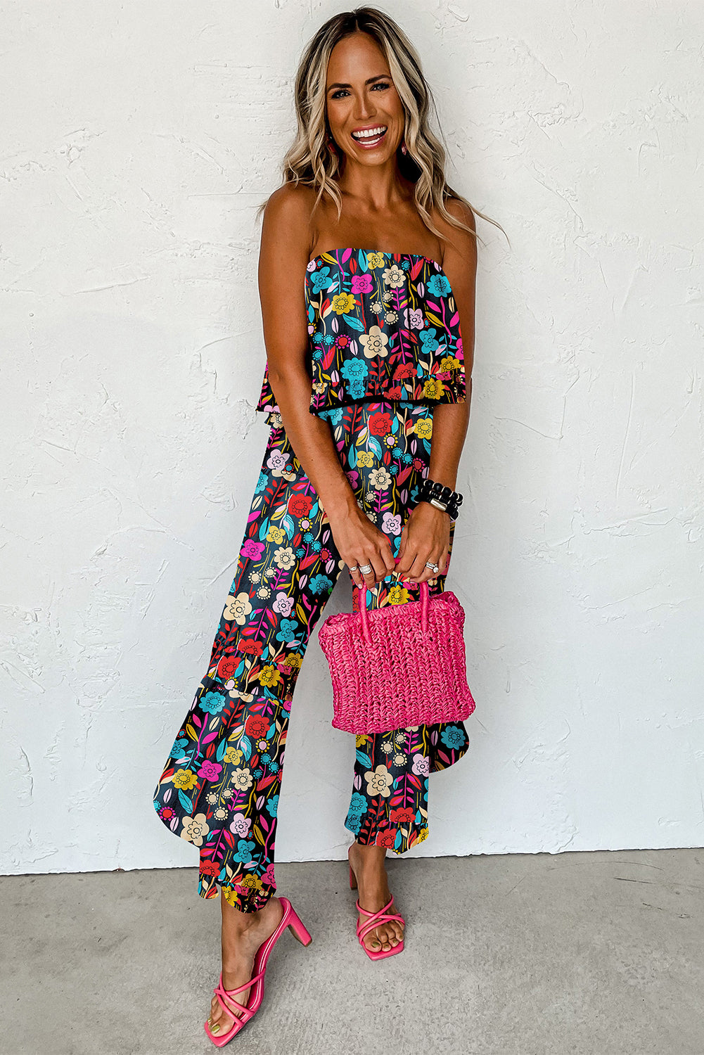 Red Mix Tropical Print Strapless Ruffled Jumpsuit-2