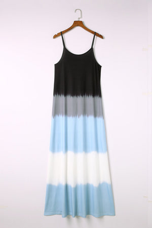 Sky Blue Spaghetti Strap Tie Dye Slit Maxi Dress-7