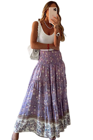 Purple Floral Print Shirred High Waist Maxi Skirt-5