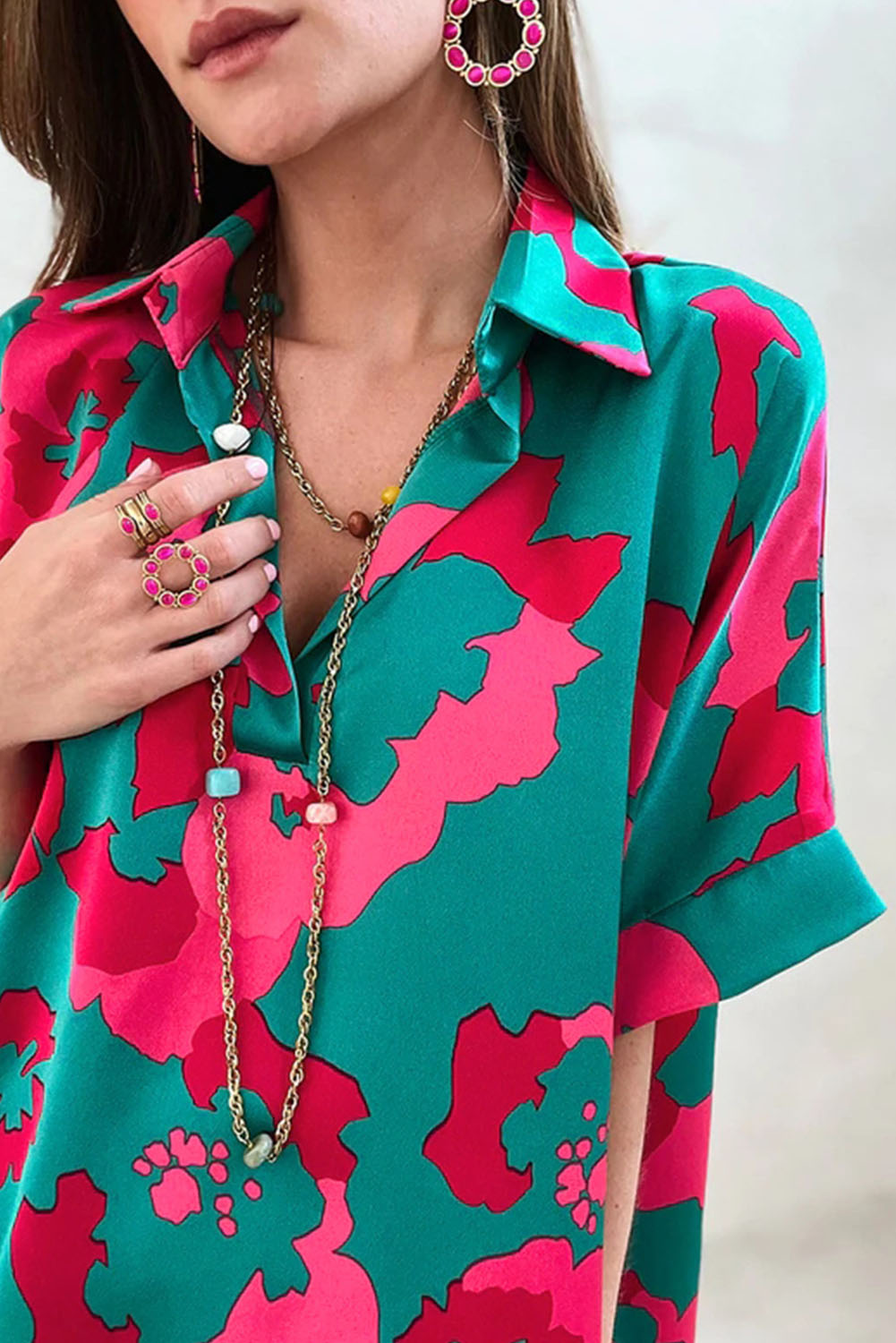 Green Abstract Print V Neck Blouse-3