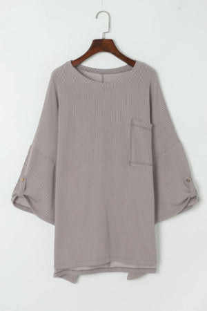 Gray Ribbed Roll-tab Sleeve Chest Pocket Oversize Top-4