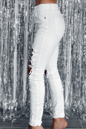 White Distressed Ripped Holes High Waist Skinny Jeans-1