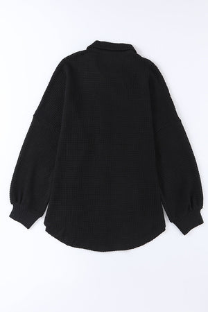 Black Waffle Knit Button Up Casual Shirt-7