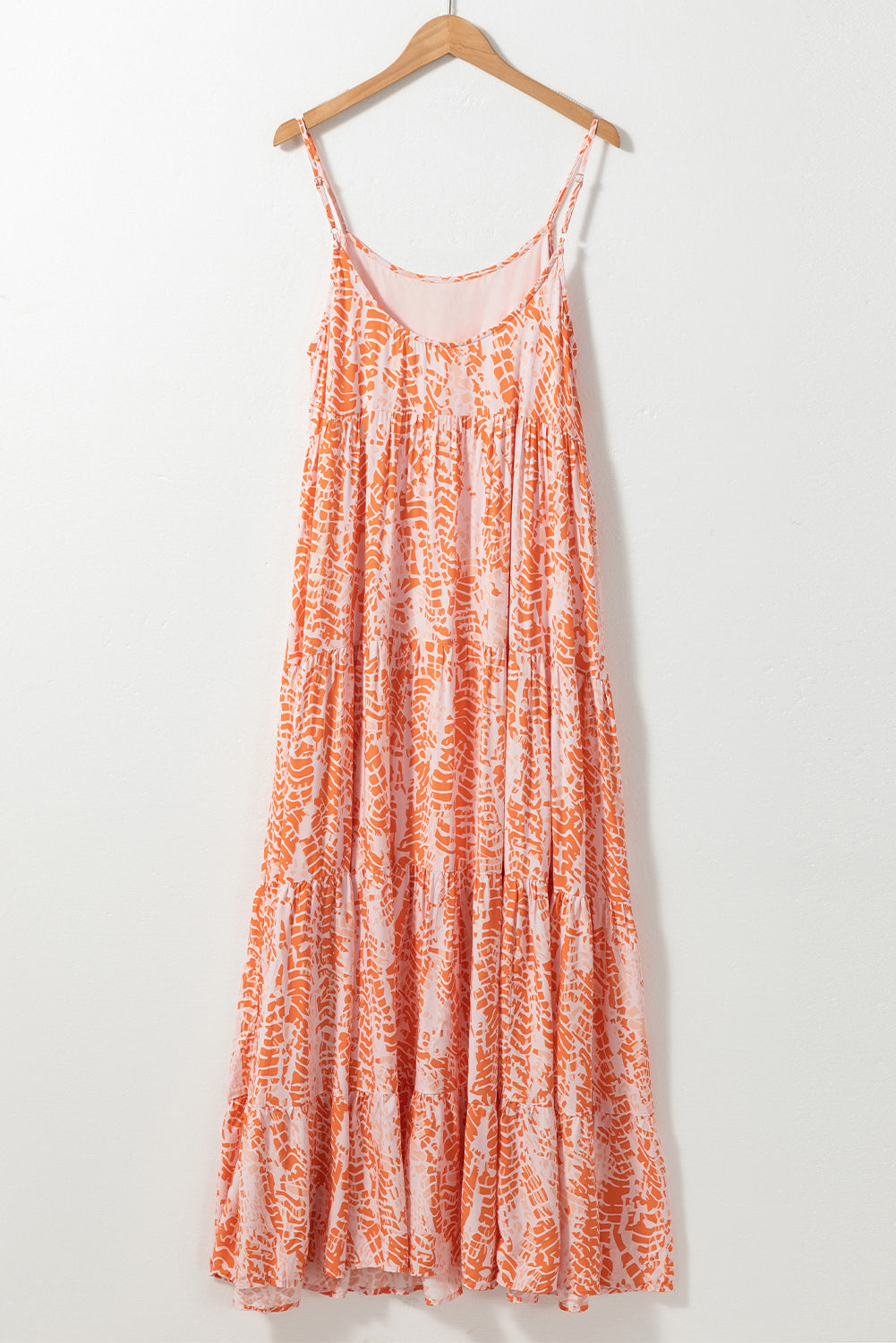 Orange Abstract Print Spaghetti Straps Backless Tiered Maxi Dress-4