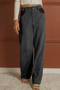 Gray Contrast Patched Pocket Corduroy Wide Leg Pants-0