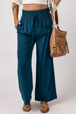 Blue Drawstring Elastic Waist Casual Wide Leg Pants-1