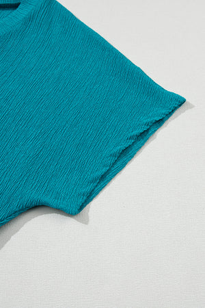 Blue Sapphire Crinkled V Neck Wide Sleeve T-shirt-10
