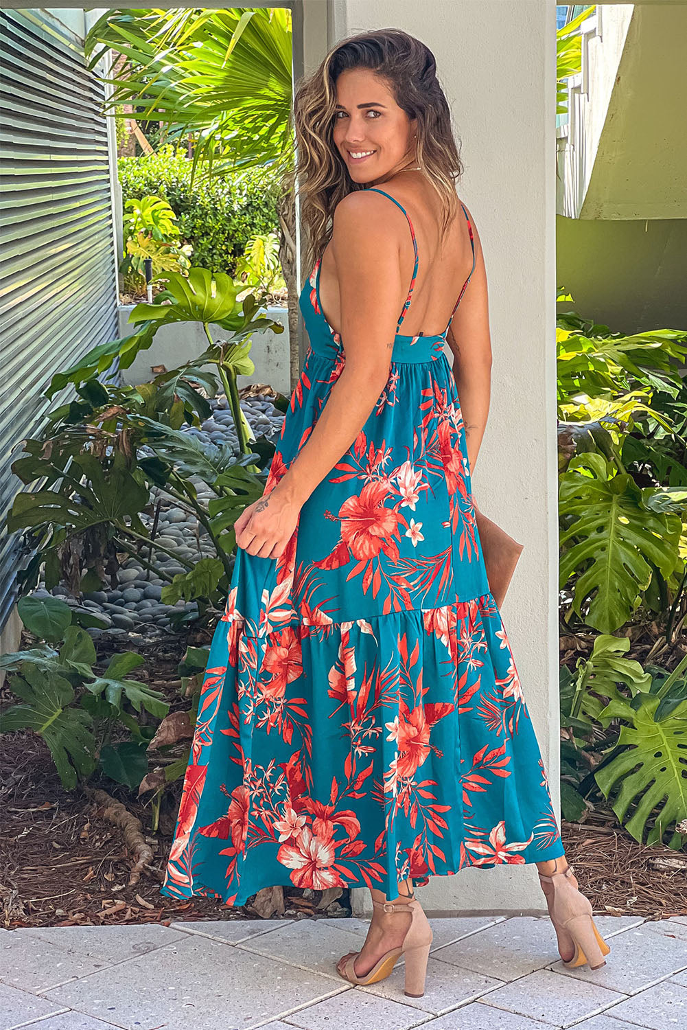 Sky Blue Strappy Open Back Floral Maxi Dress-1