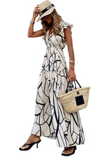 White Abstract Vein Print V Neck Ruffle Maxi Dress-20