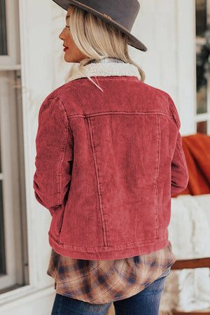 Red Corduroy Sherpa Snap Button Flap Jacket-1