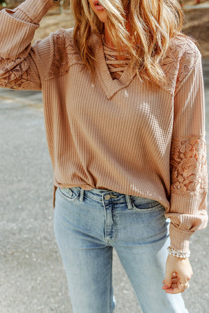 Apricot Lace Waffle Patchwork Strappy V Neck Long Sleeve Top-3