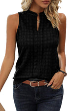 Black Lattice Textured Split Neck Tank Top-4