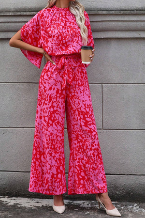 Rose Leopard Loose Sleeve Belted Wide Leg Jumpsuit-11