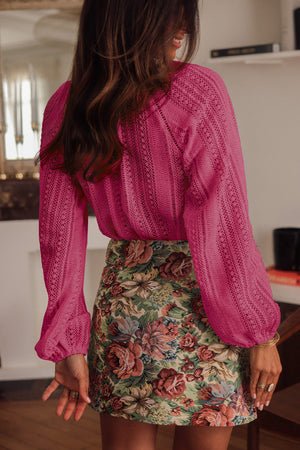 Rose V-Neck Long Sleeve Button Up Lace Shirt-1